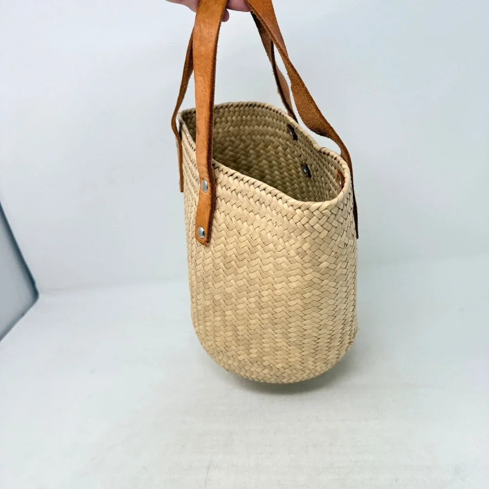 Unbranded Woven Straw Tote Bag Tan Small Beach Summer Boho Basket Leather Handle